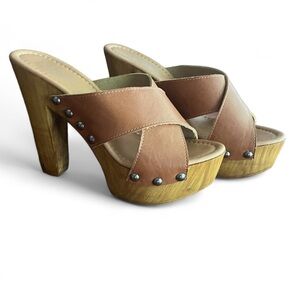 Charles David Chunky Heel Sandals 40 - 9.5 Faux Leather Slip On Boho